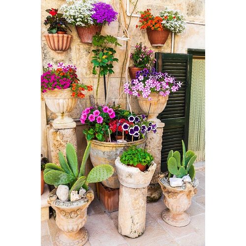 Italy-Apulia-Metropolitan City of Bari-Monopoli Flowers in planters outside a stone building